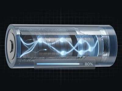 Lithium-ion battery cross-section showing electrochemical layers with 80% charge indicator, scientific illustration style