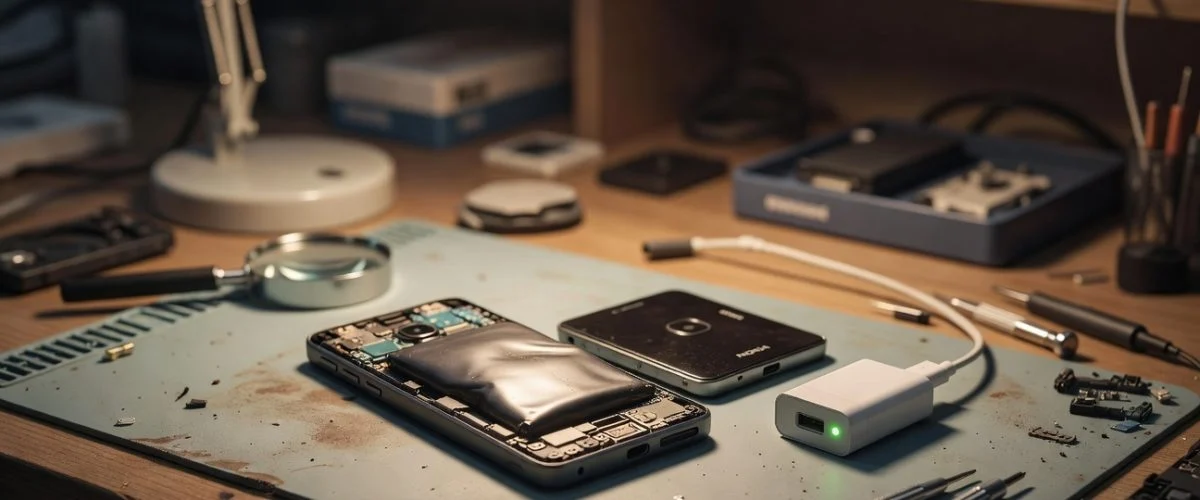 Vintage Nokia Lumia with back cover removed showing swollen battery next to small USB charge limiter device