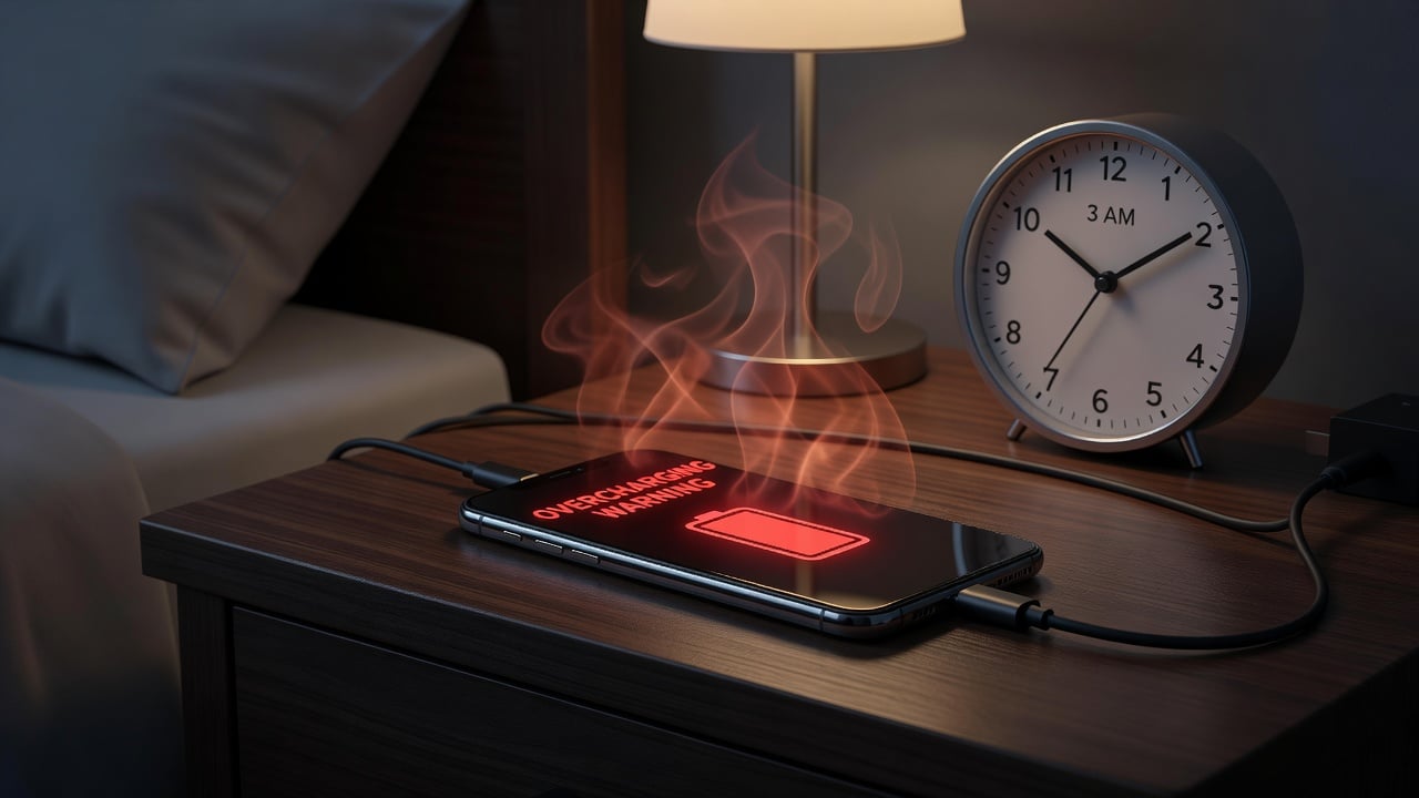 Smartphone on a nightstand showing a glowing battery icon at 100% with heat waves rising and a bedside clock reading 3 AM, illustrating overnight charging stress on lithium-ion batteries