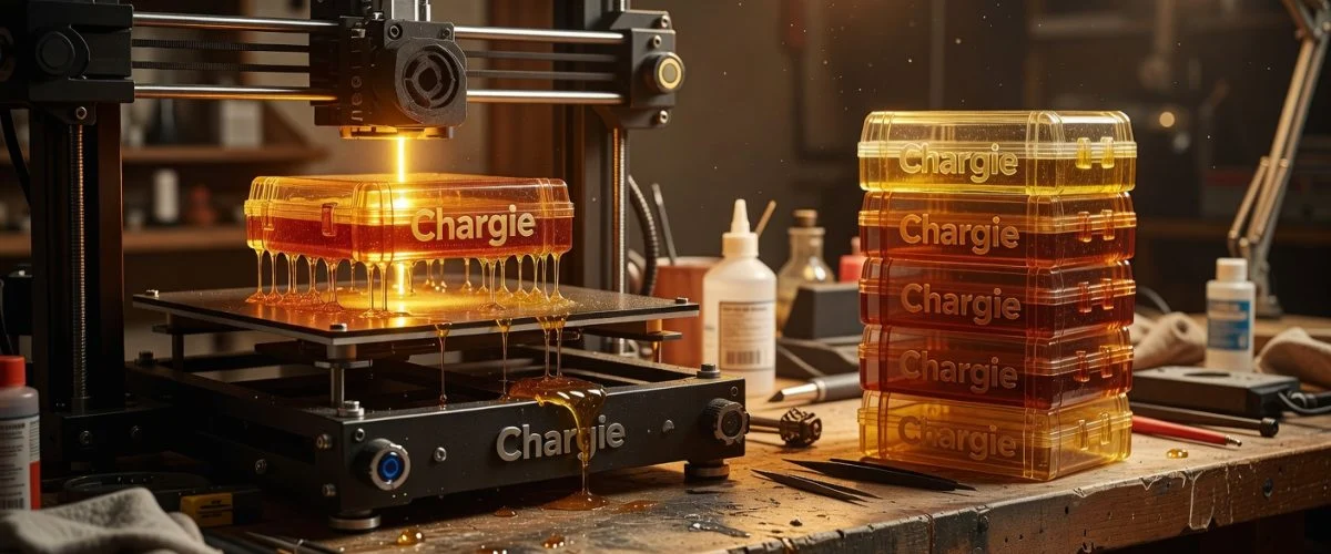 3D printer creating translucent amber resin cases with finished Chargie cases nearby, manufacturing documentary