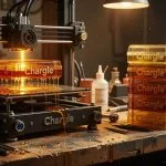 3D printer creating translucent amber resin cases with finished Chargie cases nearby, manufacturing documentary