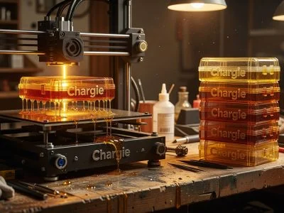 3D printer creating translucent amber resin cases with finished Chargie cases nearby, manufacturing documentary