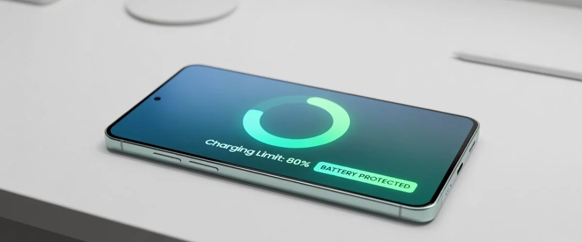 A Samsung Galaxy smartphone displaying a charging limit set to 80 percent with a battery-protected indicator, illustrating how to preserve Galaxy battery health