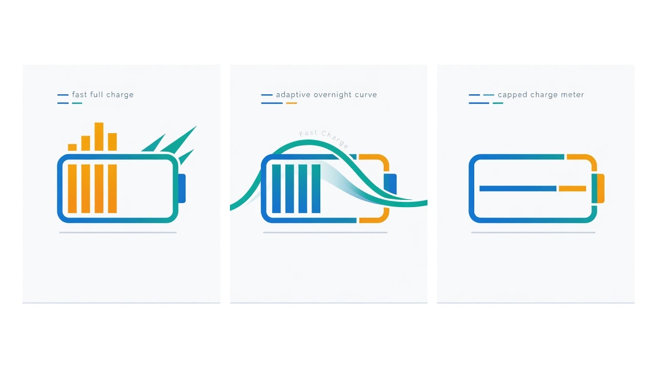Infographic comparing three Samsung charging modes: a full fast charge, an adaptive overnight charge, and a capped <a href=