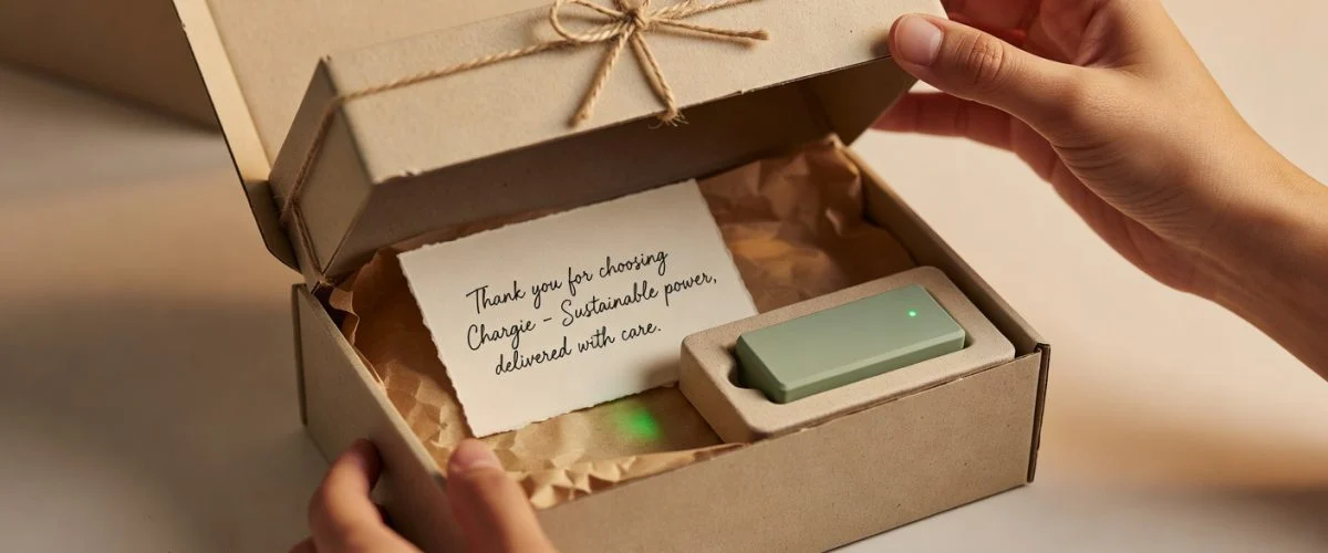 Beautifully packaged Chargie product box being opened with eco-friendly packaging and glowing USB device, unboxing experience photography