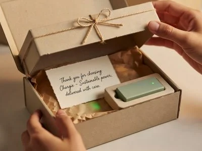 Beautifully packaged Chargie product box being opened with eco-friendly packaging and glowing USB device, unboxing experience photography