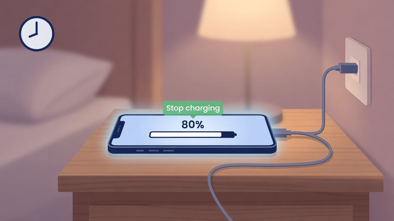 Smartphone at exactly 80 percent charge on a wooden nightstand, charging cable unplugged, with a soft blue thermal aura indicating cool temperature