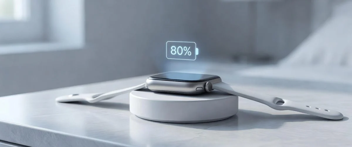 Smartwatch resting on a wireless charging puck showing an 80 percent charge cap to protect battery health