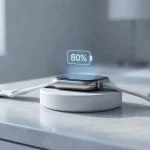 Smartwatch resting on a wireless charging puck showing an 80 percent charge cap to protect battery health