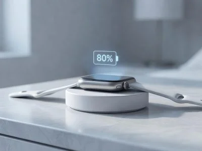 Smartwatch resting on a wireless charging puck showing an 80 percent charge cap to protect battery health