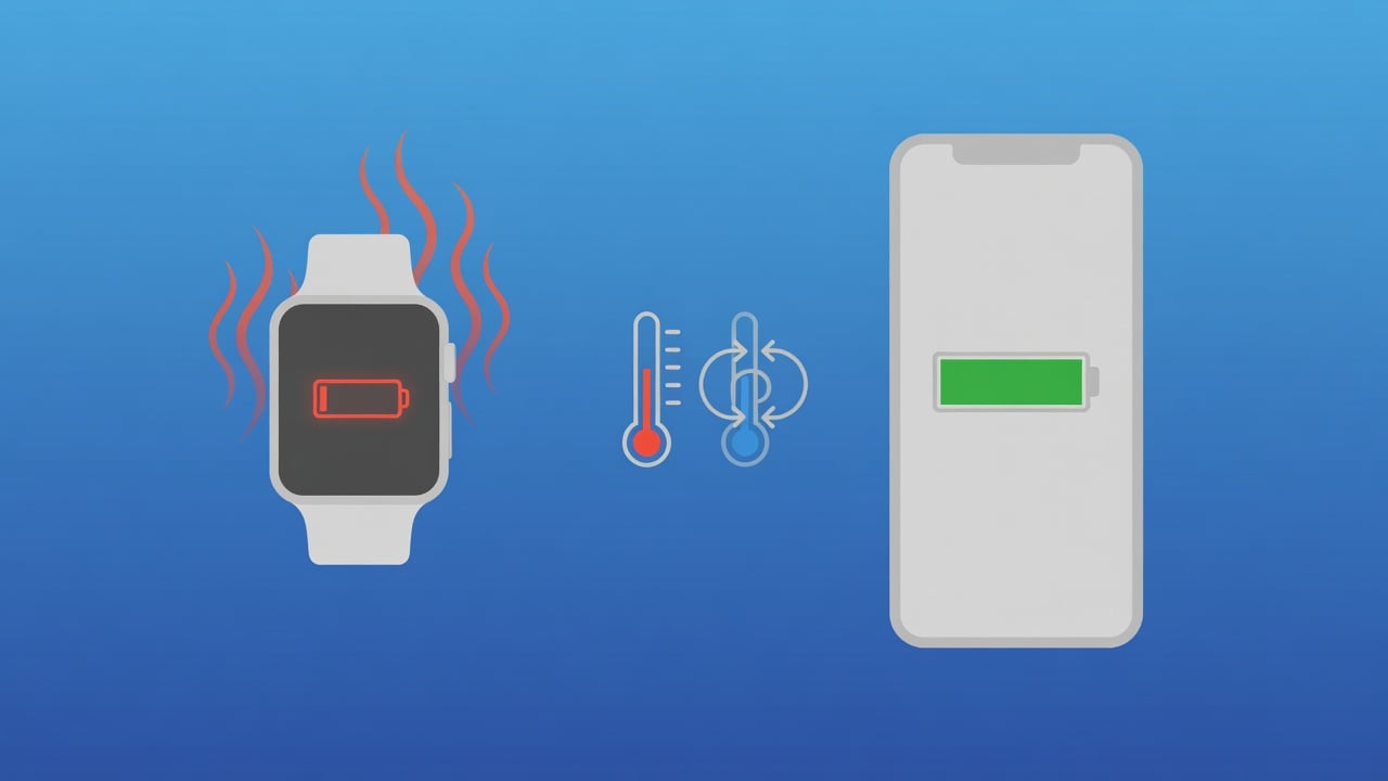 Illustration comparing a smartwatch battery degrading faster than a smartphone battery due to heat and frequent charge cycles