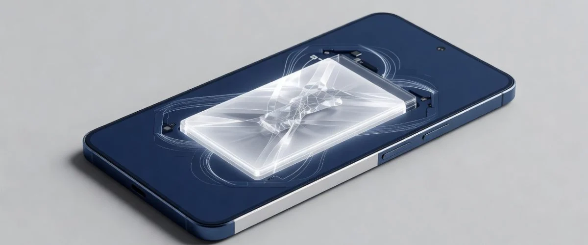 Smartphone with a futuristic solid-state battery cell glowing inside