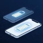Solid state battery phones concept fading while a present-day lithium-ion phone battery stays in focus