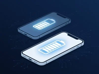Solid state battery phones concept fading while a present-day lithium-ion phone battery stays in focus