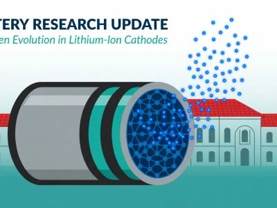 Scientific illustration of hydrogen atoms escaping from a lithium-ion battery cathode, with a Stanford-inspired university building in the background