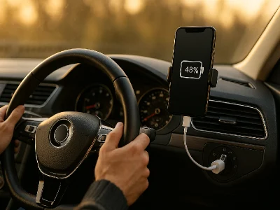 Professional taxi driver charging smartphone with Chargie USB charge limiter to extend battery lifespan and reduce e-waste