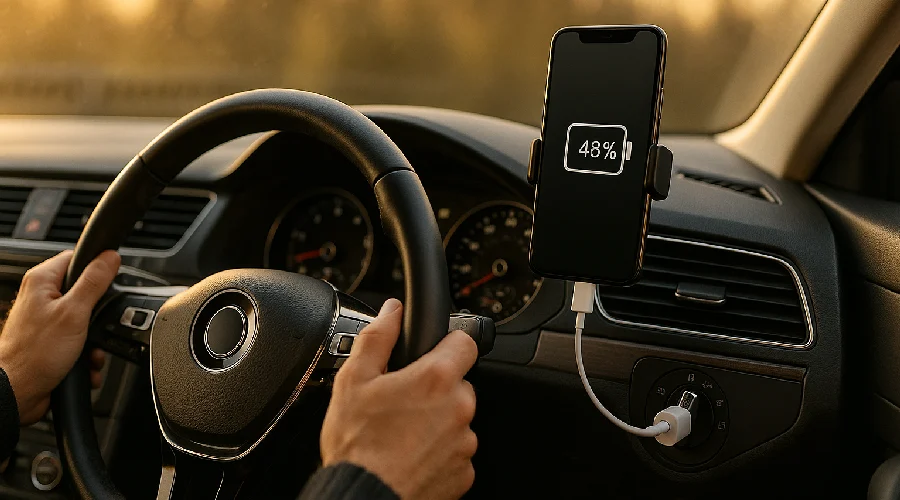 Professional taxi driver charging smartphone with Chargie USB charge limiter to extend battery lifespan and reduce e-waste