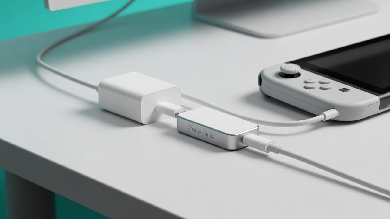 Inline USB charge limiter connected between a power adapter and a gaming handheld's USB-C cable, capping the charge to protect the battery