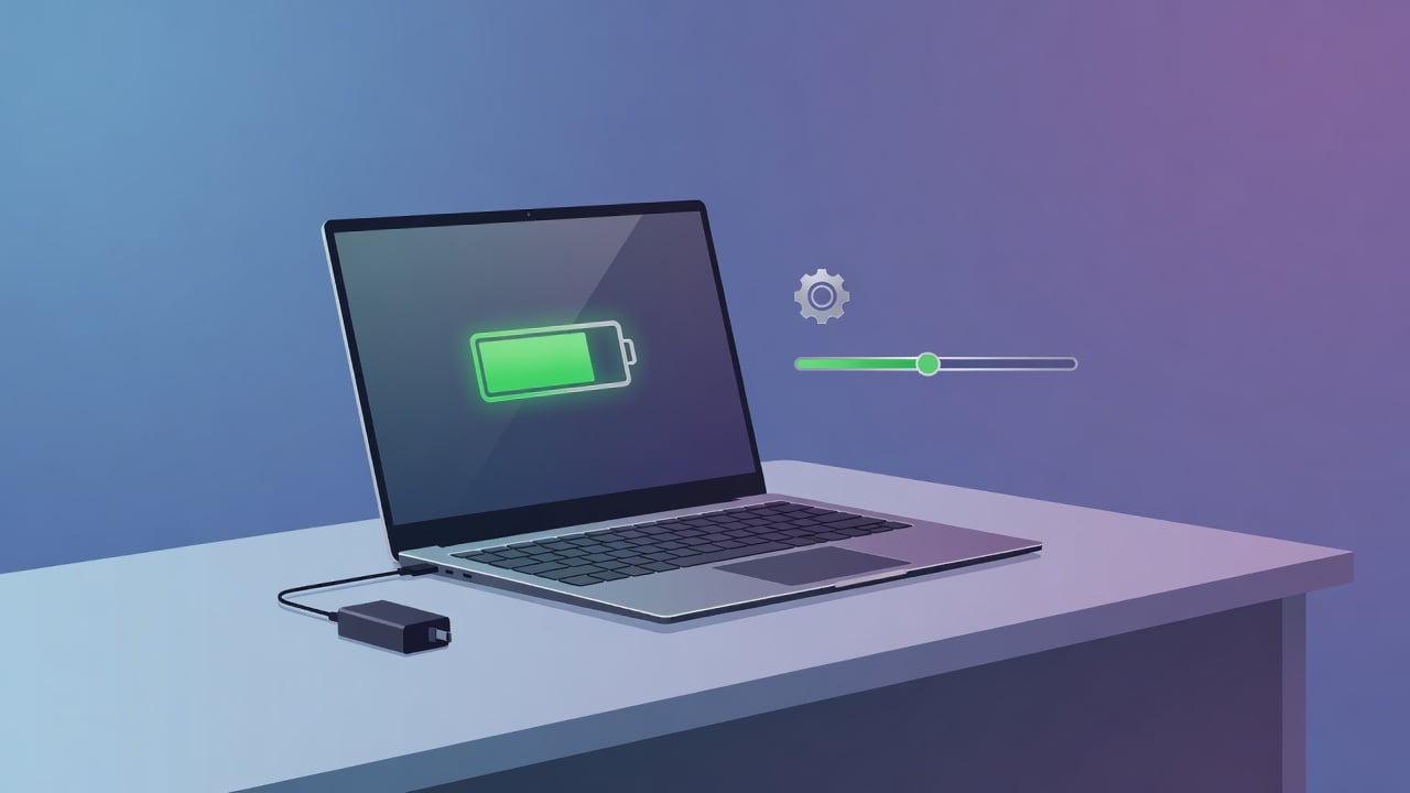 Windows laptop plugged in with a battery charge limit set to 80 percent