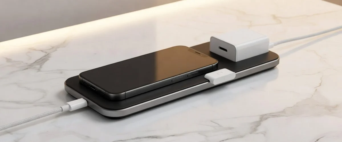 Modern wireless charging pad with iPhone and small USB charge limiter device, clean product photography