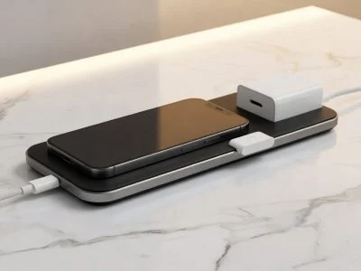 Modern wireless charging pad with iPhone and small USB charge limiter device, clean product photography