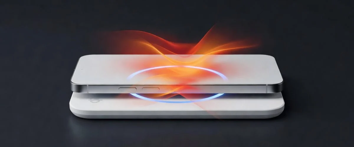 Smartphone charging on a Qi wireless pad with orange heat visualization showing thermal impact