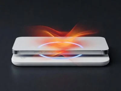 Smartphone charging on a Qi wireless pad with orange heat visualization showing thermal impact