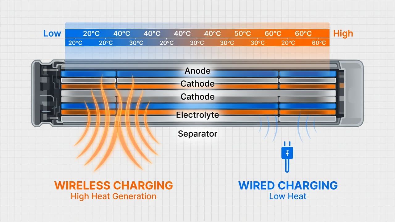 Diagram comparing heat generation in wireless versus wired smartphone battery charging. Wireless produces 3-5x more waste heat.