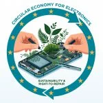 Hands repairing a smartphone with greenery growing from the circuit board, symbolizing circular economy and right-to-repair sustainability.