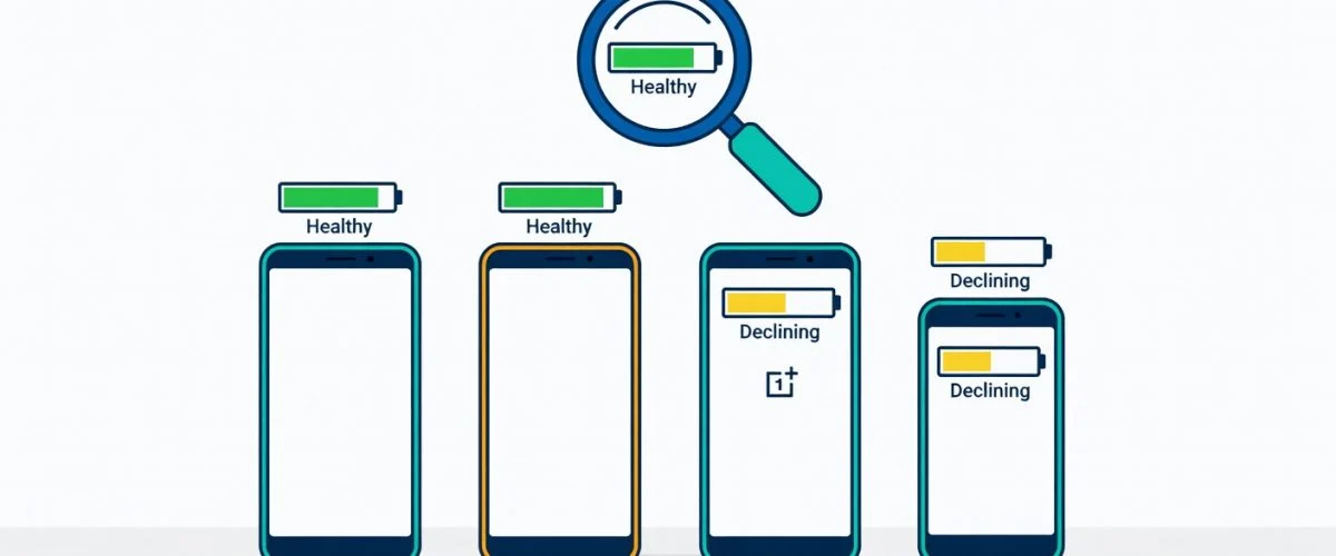 Lineup of Samsung, Google Pixel, OnePlus, and Xiaomi smartphones showing battery health indicators, with a magnifying glass overlaid — illustrating the Android battery health brand-by-brand guide.