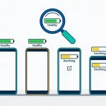 Lineup of Samsung, Google Pixel, OnePlus, and Xiaomi smartphones showing battery health indicators, with a magnifying glass overlaid — illustrating the Android battery health brand-by-brand guide.
