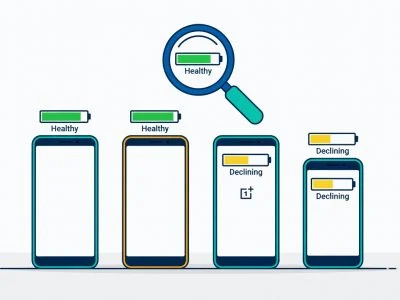 Lineup of Samsung, Google Pixel, OnePlus, and Xiaomi smartphones showing battery health indicators, with a magnifying glass overlaid — illustrating the Android battery health brand-by-brand guide.