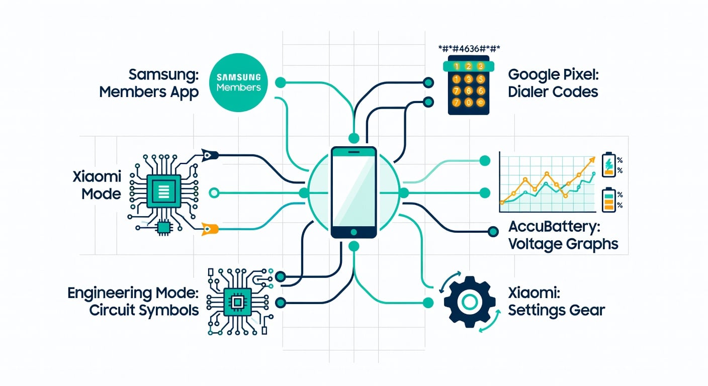 Infographic showing different manufacturer methods for checking Android battery health — Samsung Members, Pixel dialer codes, AccuBattery, and Xiaomi settings