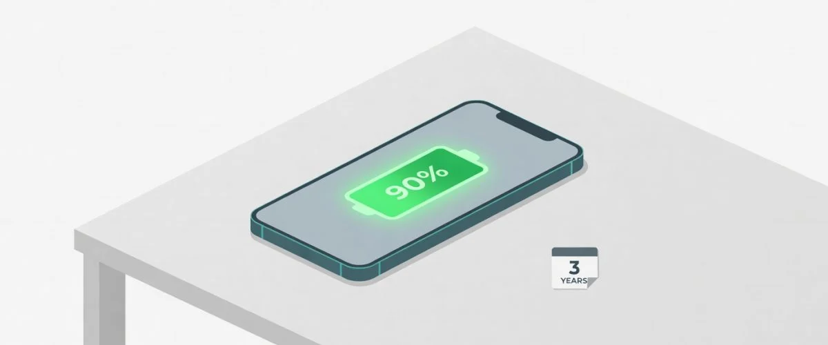 Glowing smartphone displaying a 90% battery health indicator on a modern desk, representing long-term battery preservation over three years