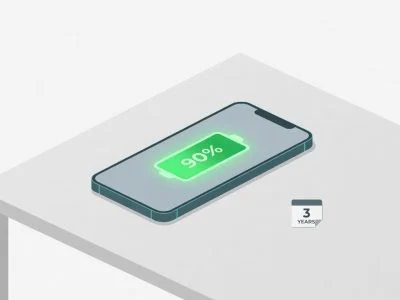 Glowing smartphone displaying a 90% battery health indicator on a modern desk, representing long-term battery preservation over three years