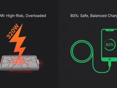 Illustration showing a smartphone battery cracking under extreme 320W fast charging compared to a calmer 80% charging state