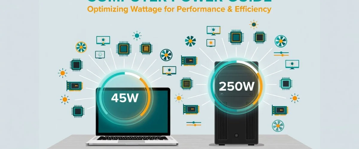 Laptop and desktop computer with glowing power meter dials showing wattage consumption, alongside CPU and GPU icons