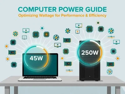 Laptop and desktop computer with glowing power meter dials showing wattage consumption, alongside CPU and GPU icons