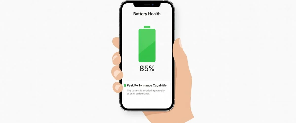 An iPhone displaying the iOS Battery Health settings screen, showing an 85% capacity indicator and peak performance capability status