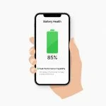 An iPhone displaying the iOS Battery Health settings screen, showing an 85% capacity indicator and peak performance capability status