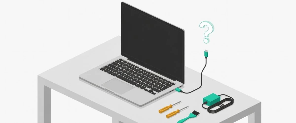 A laptop on a desk with an unplugged charging cable floating nearby, alongside a small repair toolkit and power adapter