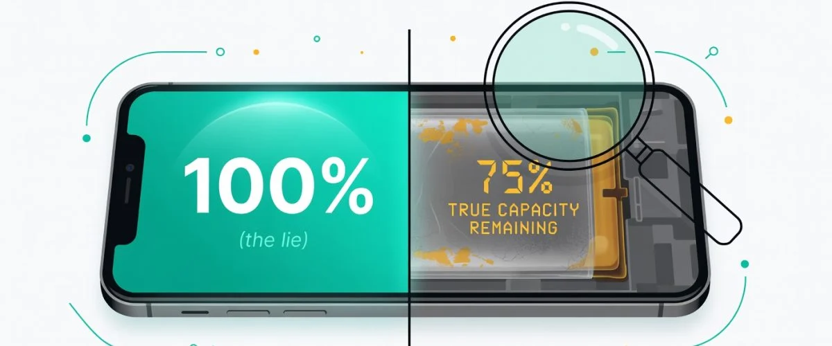 Split view of a smartphone showing a bright 100% charge level on one side and an X-ray view revealing degraded true battery capacity on the other side