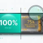 Split view of a smartphone showing a bright 100% charge level on one side and an X-ray view revealing degraded true battery capacity on the other side