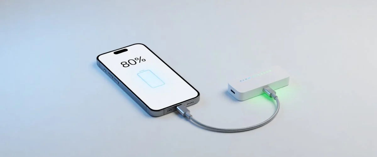 Chargie USB-C charge limiter with phone at 80% battery