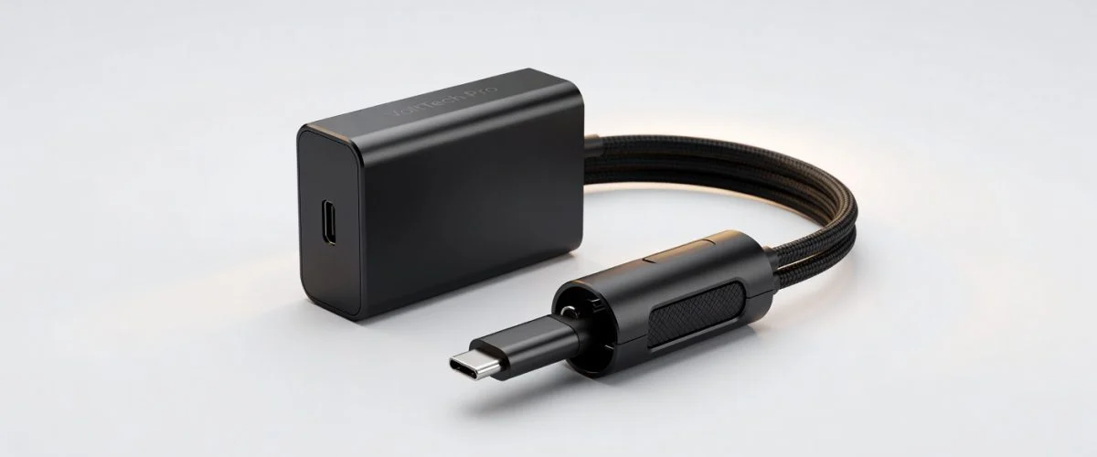 USB-C charger with cable limiter device - professional product photography
