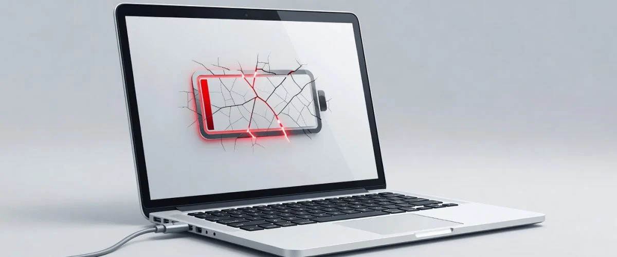 Smartphone plugged into laptop showing low battery warning, dark moody lighting