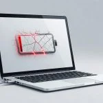 Smartphone plugged into laptop showing low battery warning, dark moody lighting
