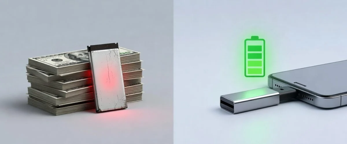 Cost comparison — recurring phone battery replacement costs vs one-time charge limiter purchase that prevents battery degradation