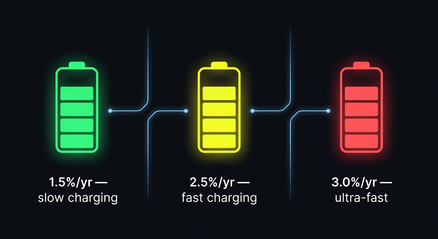 Battery degradation comparison: slow charging 1.5%/yr vs fast charging 2.5%/yr vs ultra-fast 3.0%/yr — based on Geotab 2025 EV study data