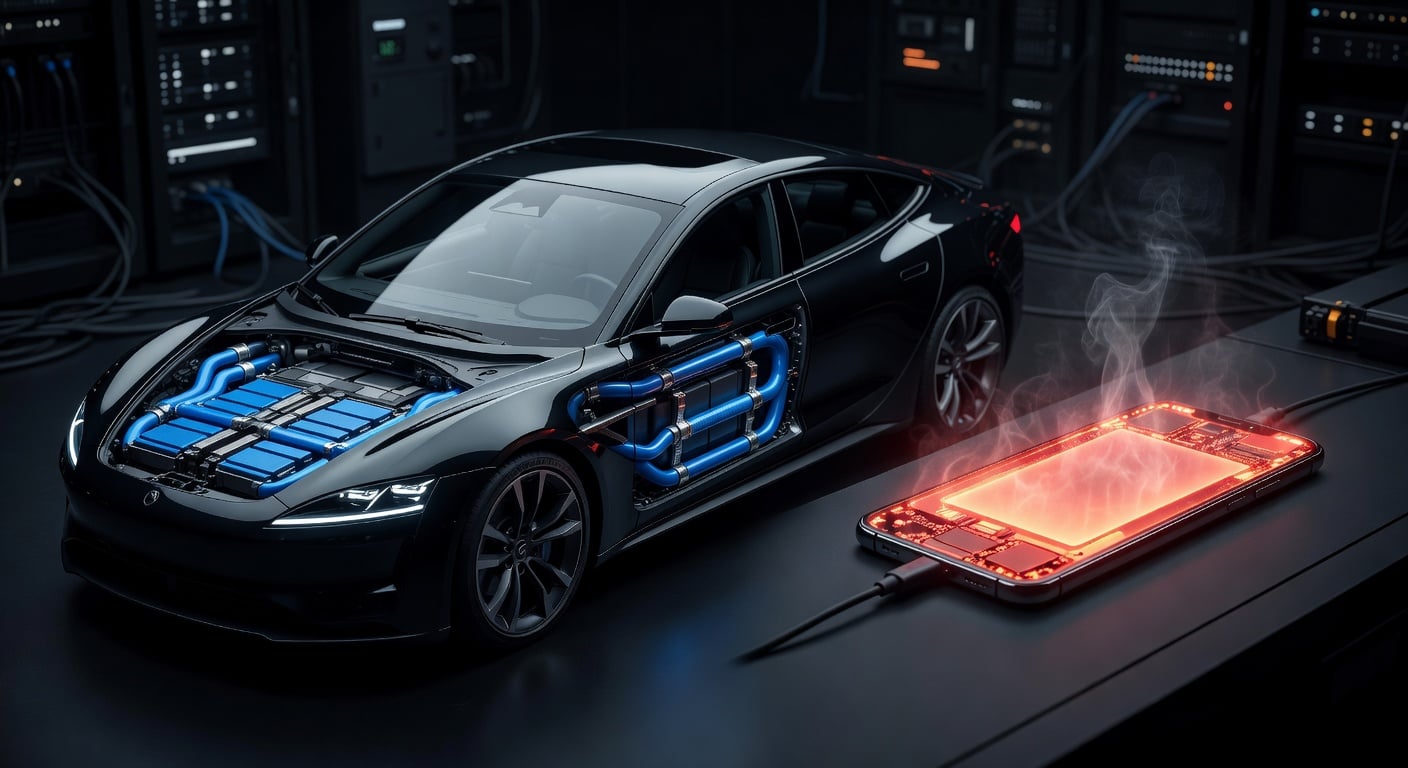 EV with liquid-cooled battery vs smartphone overheating while fast-charging — phones lack active thermal management